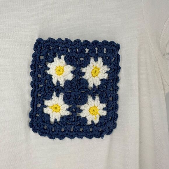 Crochet Pocket Tee White Size L Cupio Round Neck Short Sleeve Preppy Bohemian - Picture 2 of 7